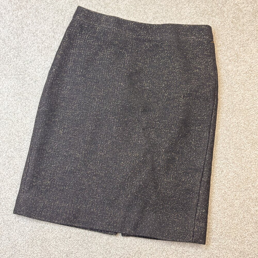 * J. Crew No. 2 Wool Skirt Black and Gold Pencil Party Cocktails Sz 10   - U2380